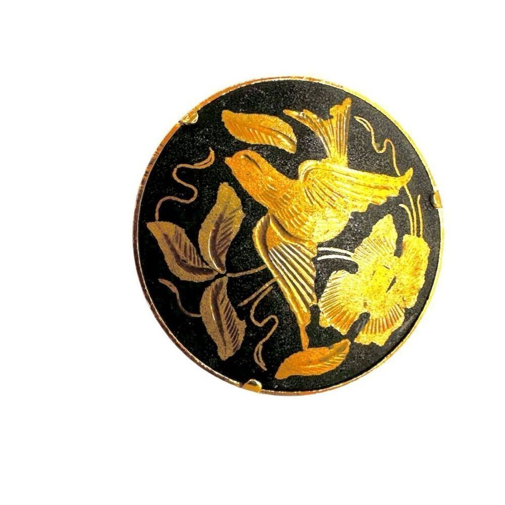 VINTAGE DAMASCENE BIRD FLOWERS GOLD TONE BLACK ROUND BROOCH PIN